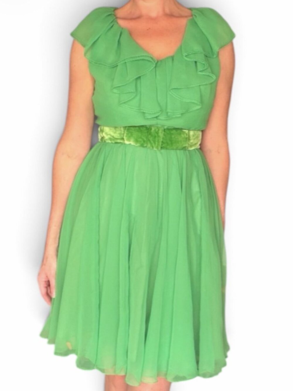 Vintage Miss Elliette Green Chiffon Ruffle Neck twirly skirt Dress velvet belt
